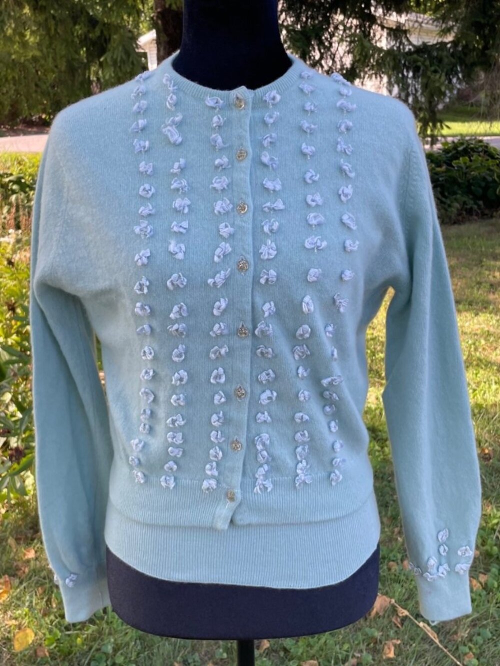 Vintage 60s Saks Fifth Avenue Cardigan 2 pc Set Cashmere Blue Bows Coquette S